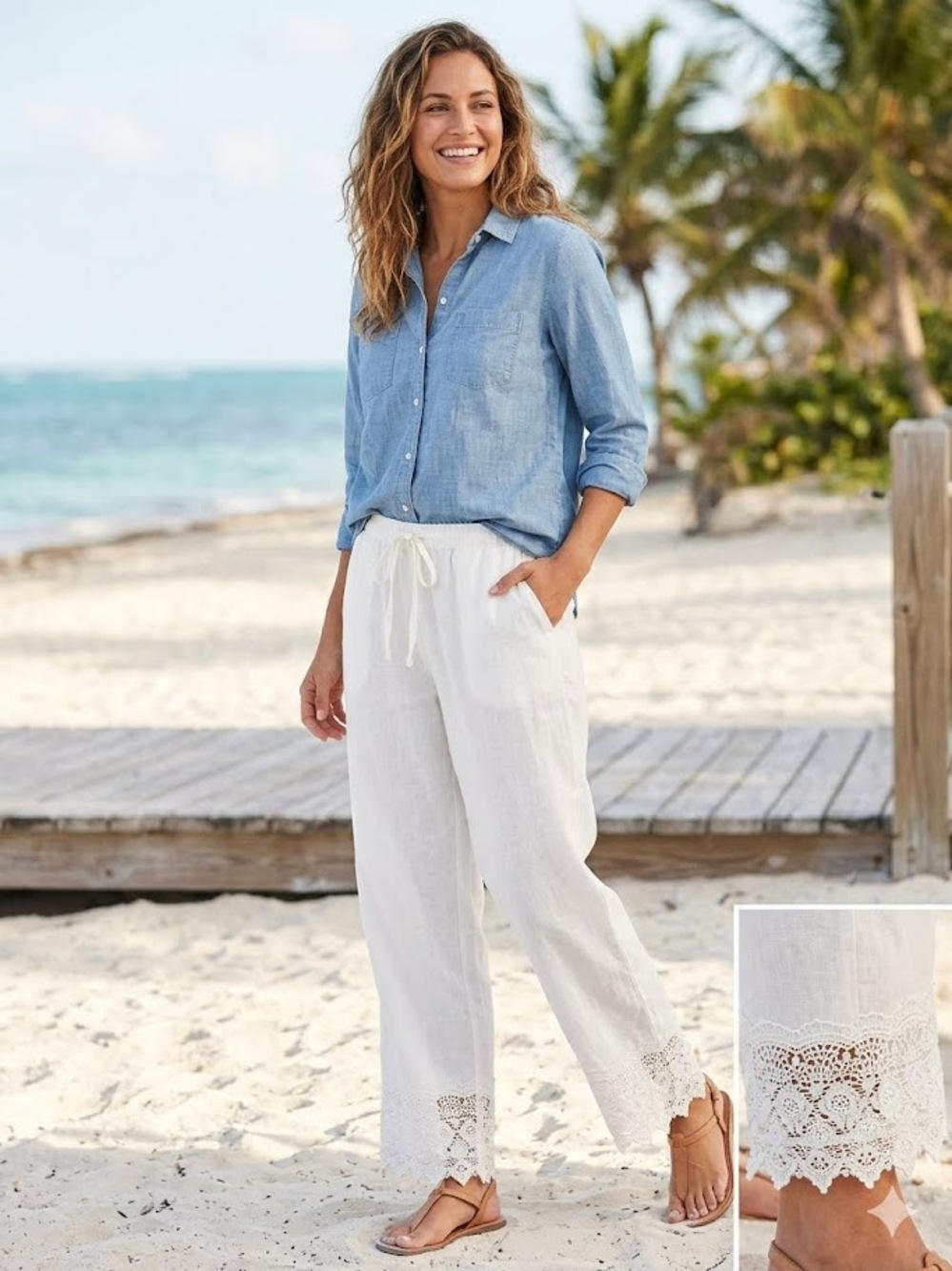 Kenar 100% Linen White Wide Leg Pants Embroidered Hem Drawstring Pull On Pants L